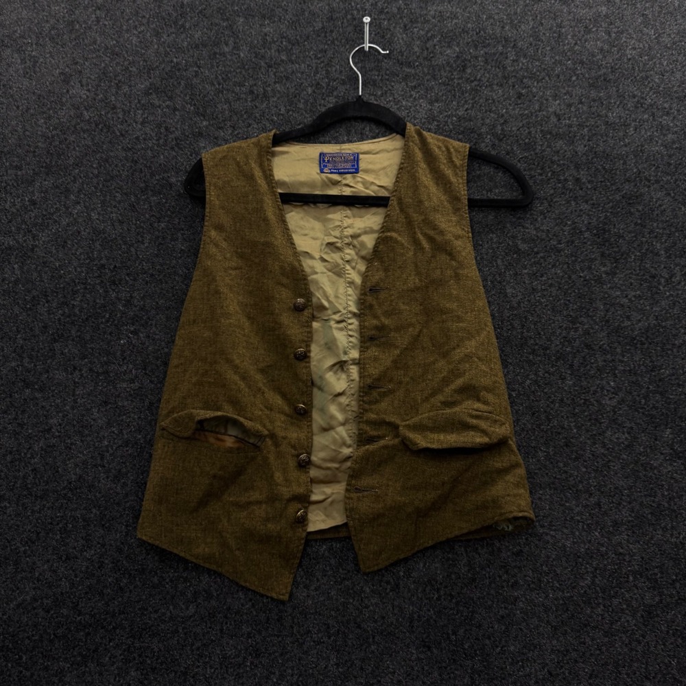 Vintage Pendleton 1950s Wool Vest Olive Green Virgin Wool Crest Buttons Mens